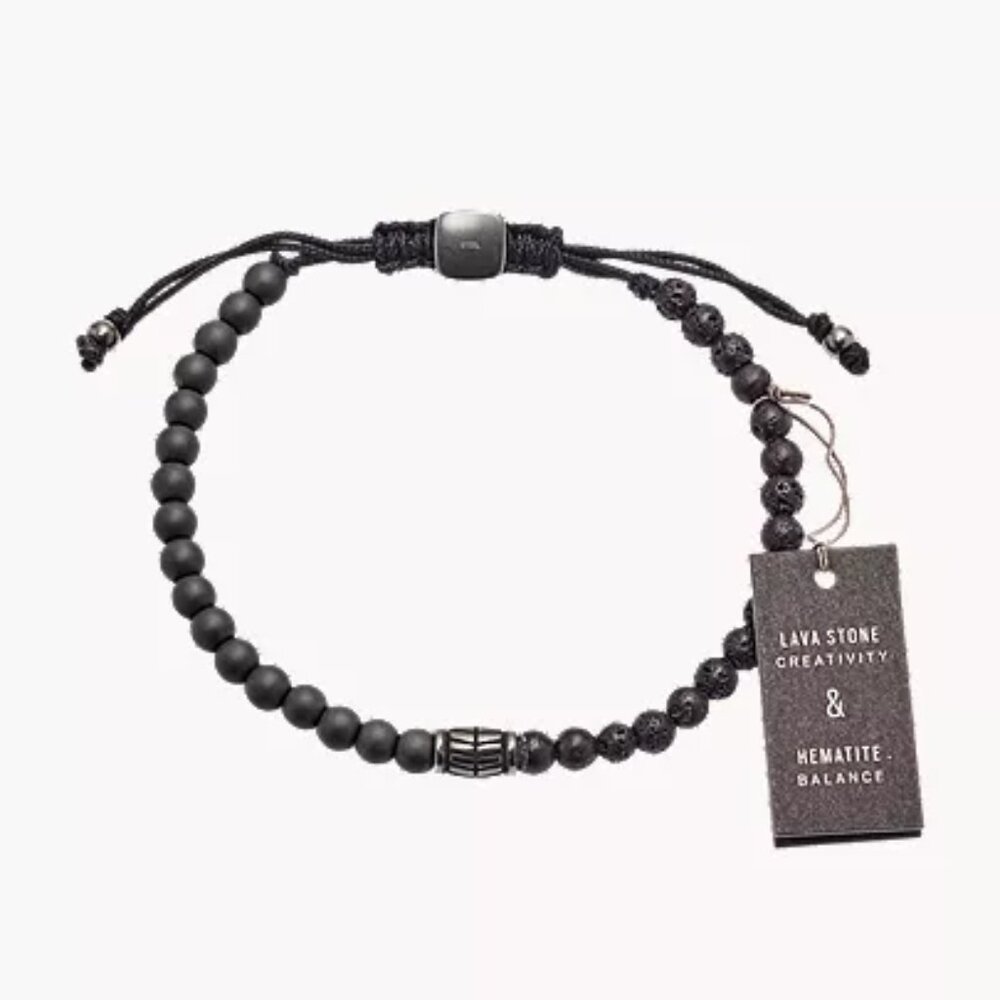 Fossil Everett Hematite and Black Lava Stone Bracelet